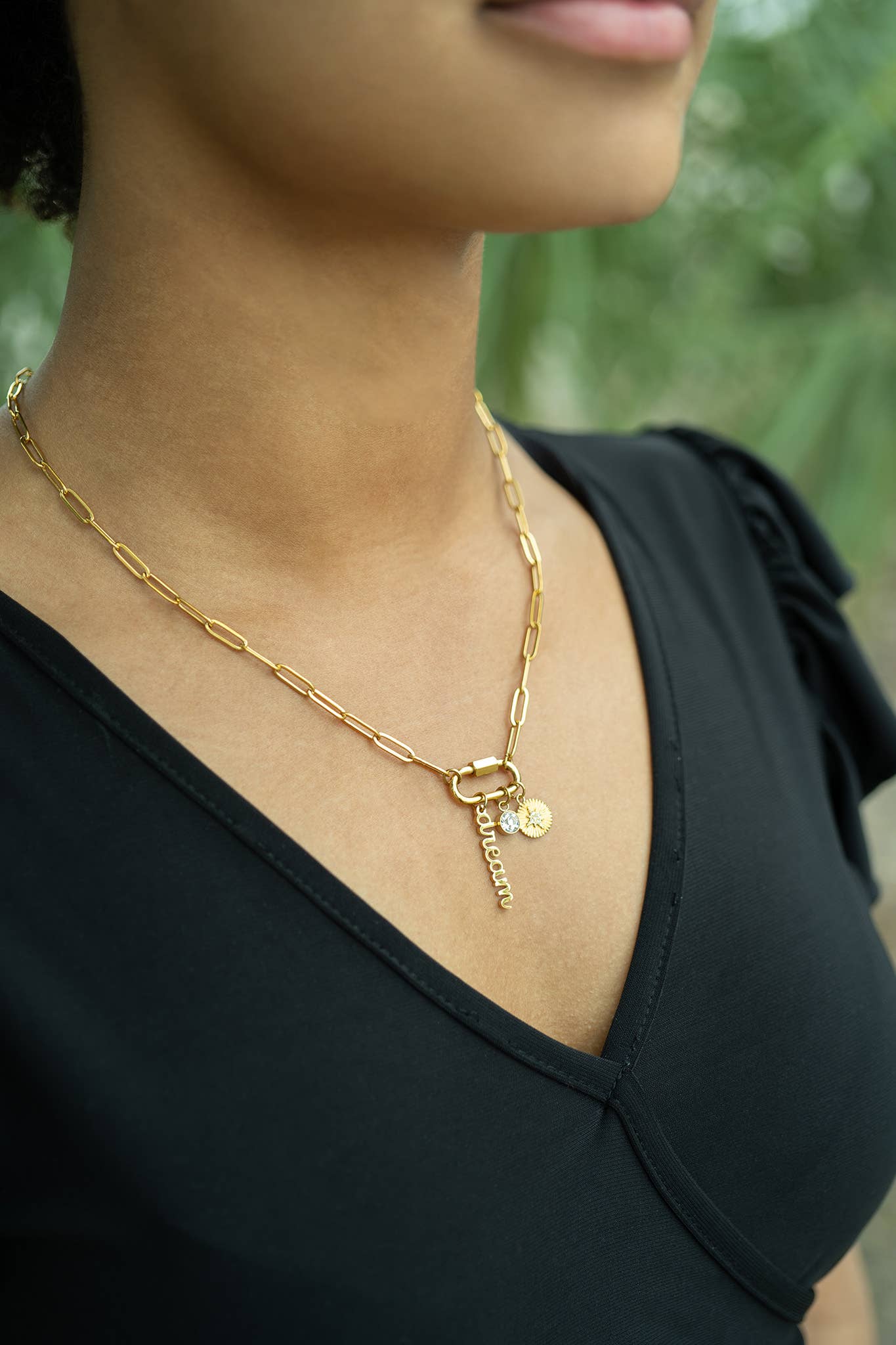 18K PVD Gold Carabiner "Dream" Paperclip Charm Necklace