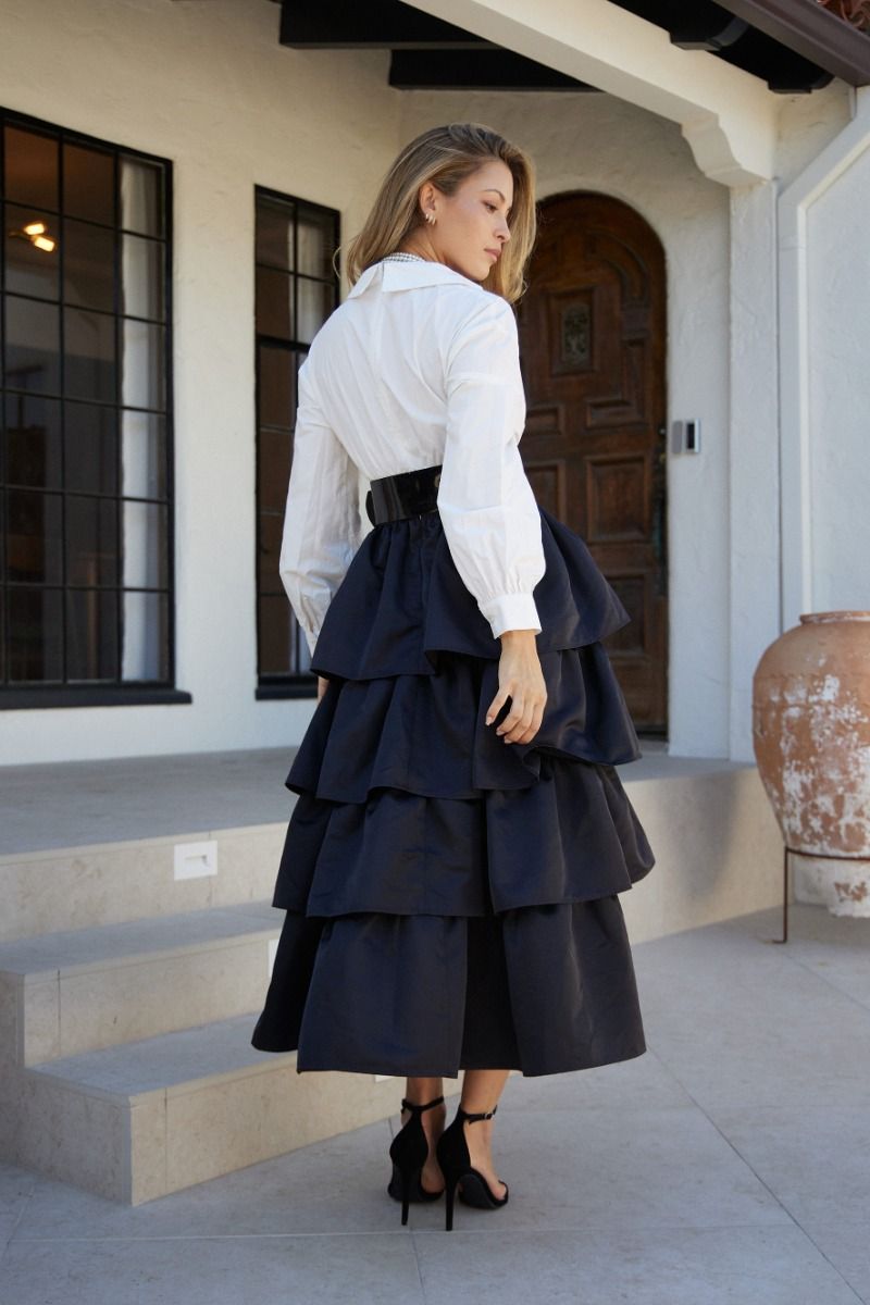 Final Sale - Deep V-Neck Tiered MIDI Dress With Accent Belt
