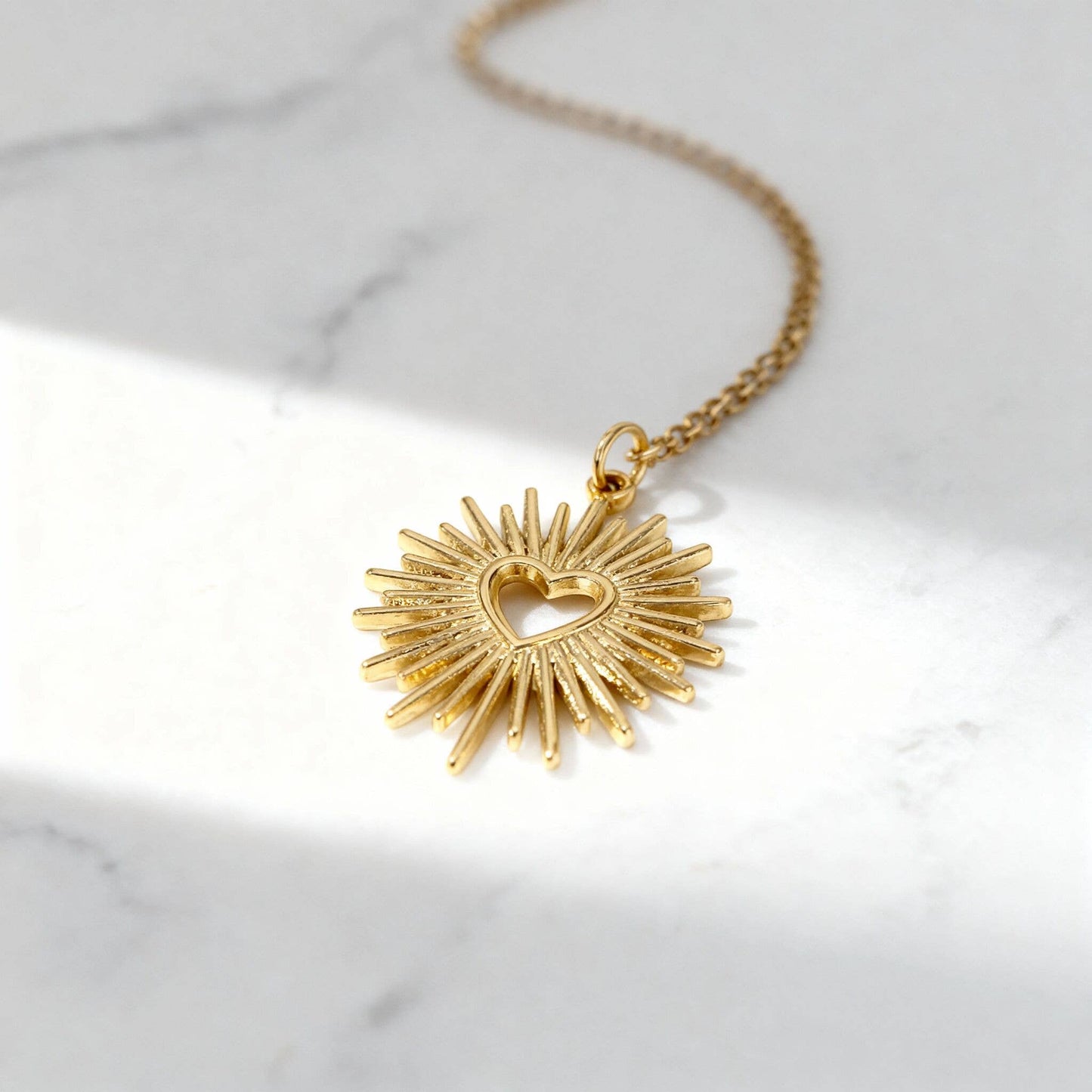 18K Gold PVD Stainless Steel Textured Sunburst Heart Charm