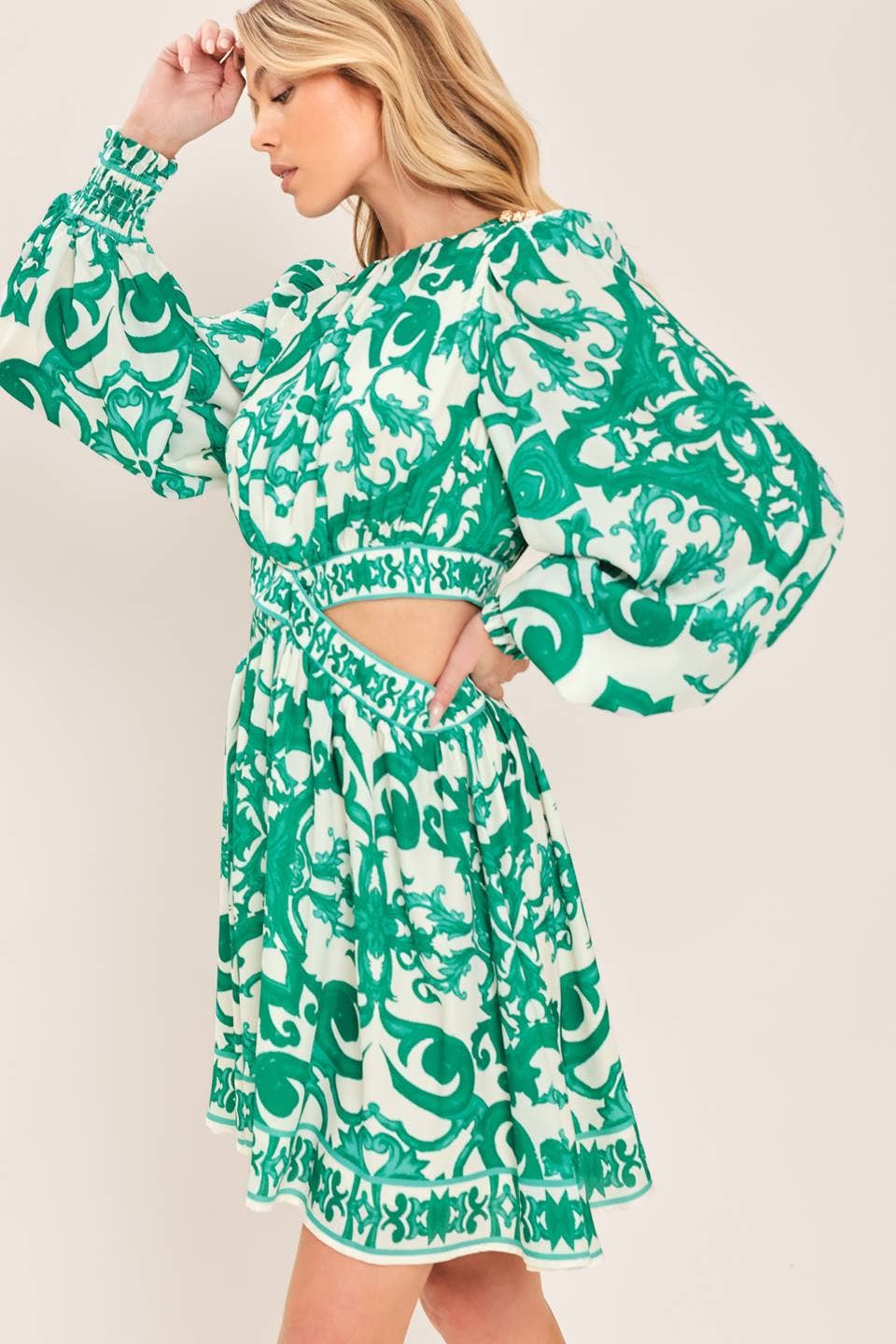 Side Cut Long Sleeve Mini Dress
