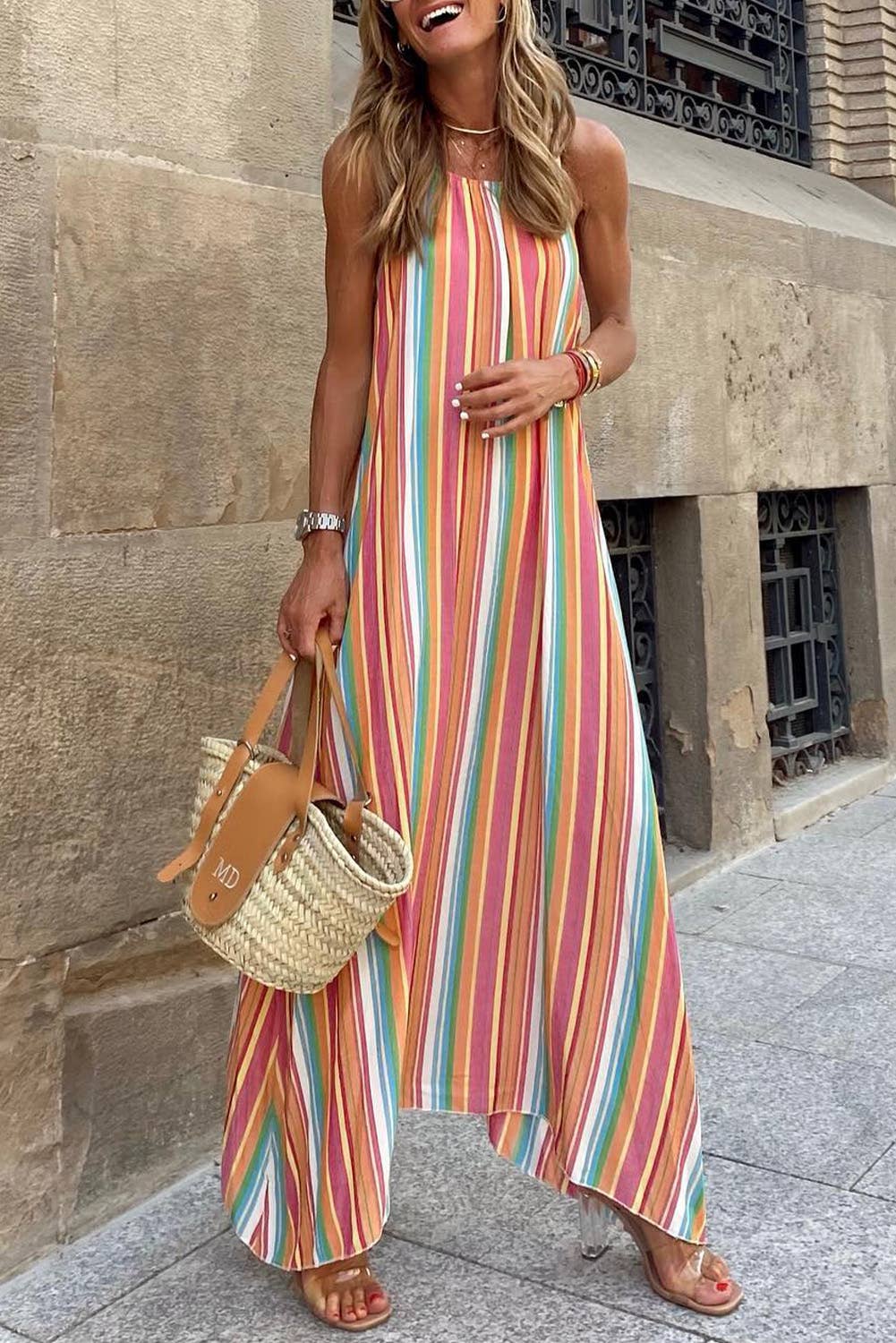 Final Sale - Bohemian Striped Print Sleeveless Holiday Maxi Dress