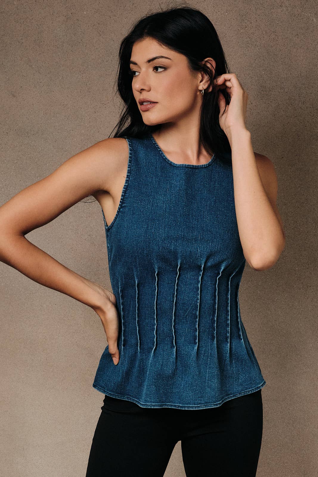 Pleated Fit & Flare Denim Top