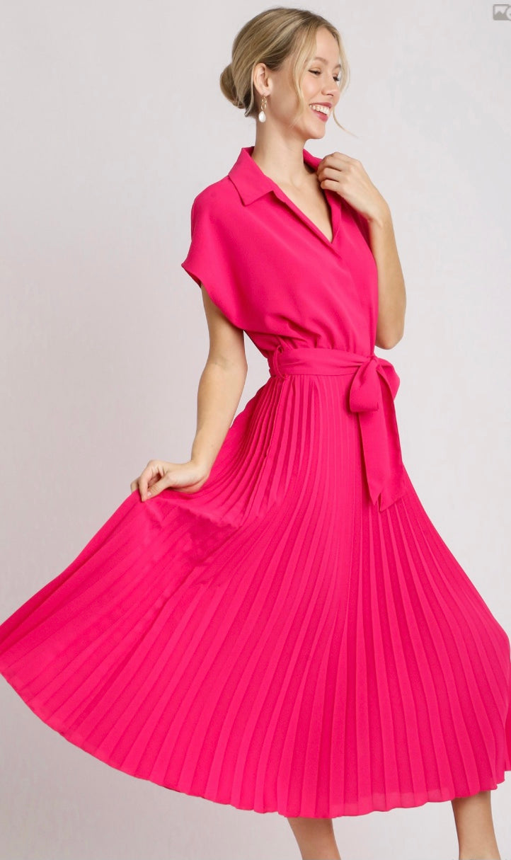 Final Sale - Collared V-Neck Pleated Midi Dress