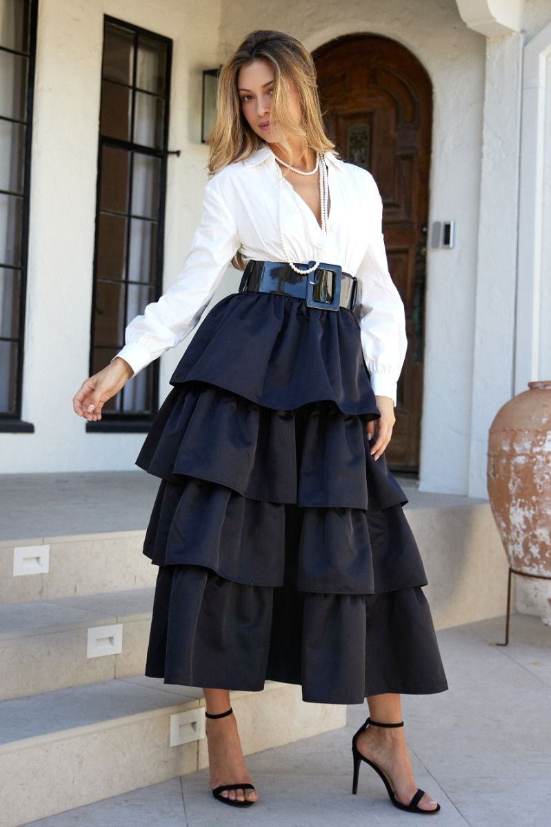 Final Sale - Deep V-Neck Tiered MIDI Dress With Accent Belt