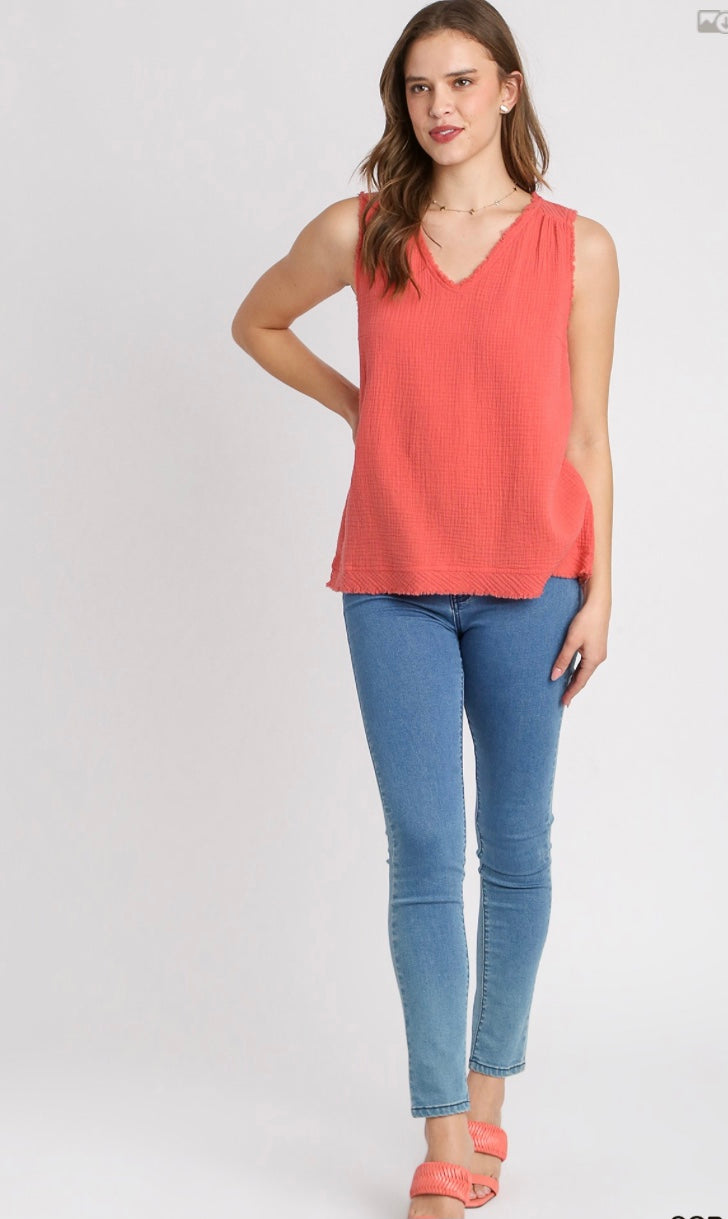Final Sale - Cotton Gauze Sleeveless, V-Neck High Low Hem Top with Fray Details