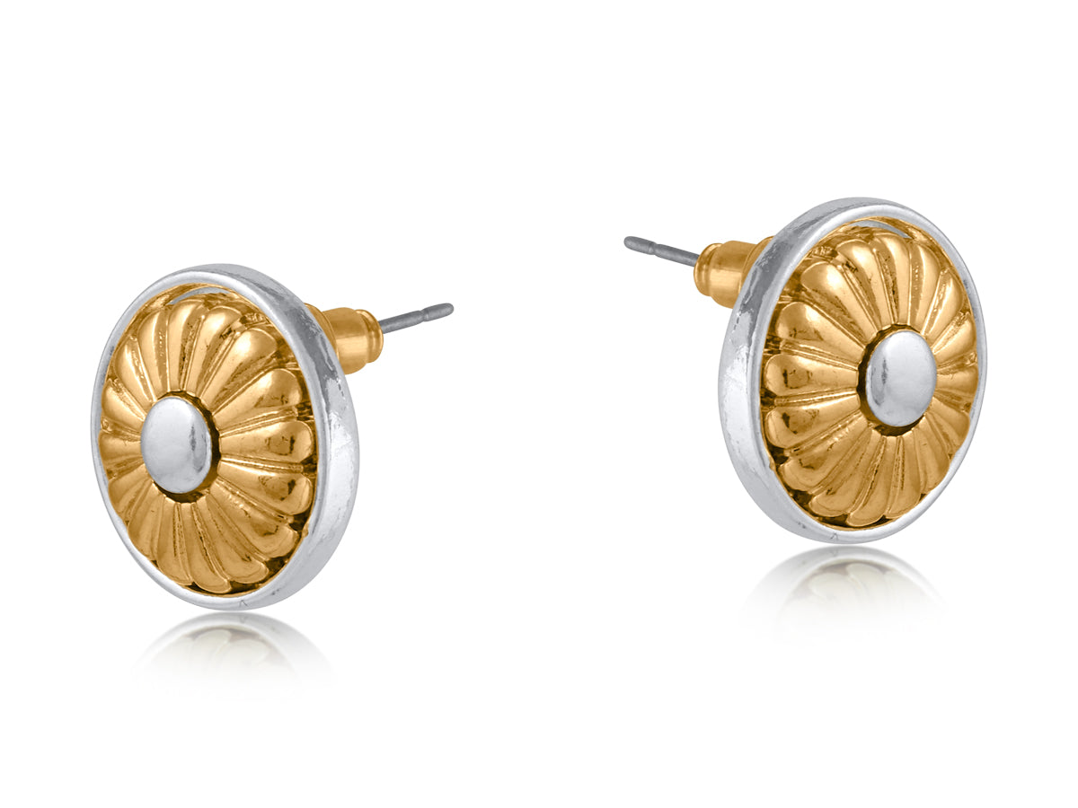 Flower Fleur Button Two Tone Earrings