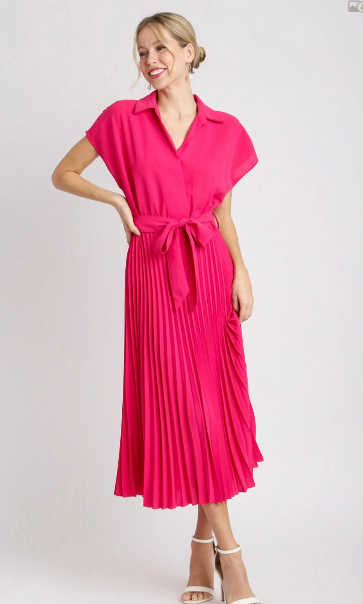 Final Sale - Collared V-Neck Pleated Midi Dress