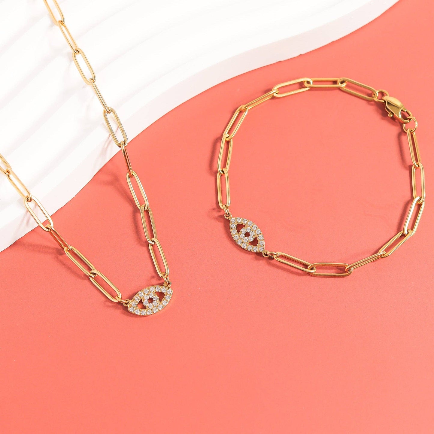 18K Gold PVD Stainless Steel Stone "Evil Eye" Paperclip Chain Bracelet