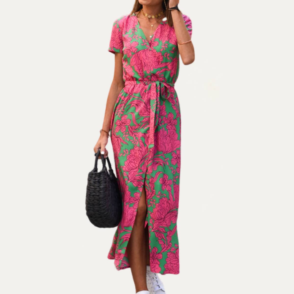 Final Sale - Classic Floral Print V Neck Short Sleeves Midi Dress