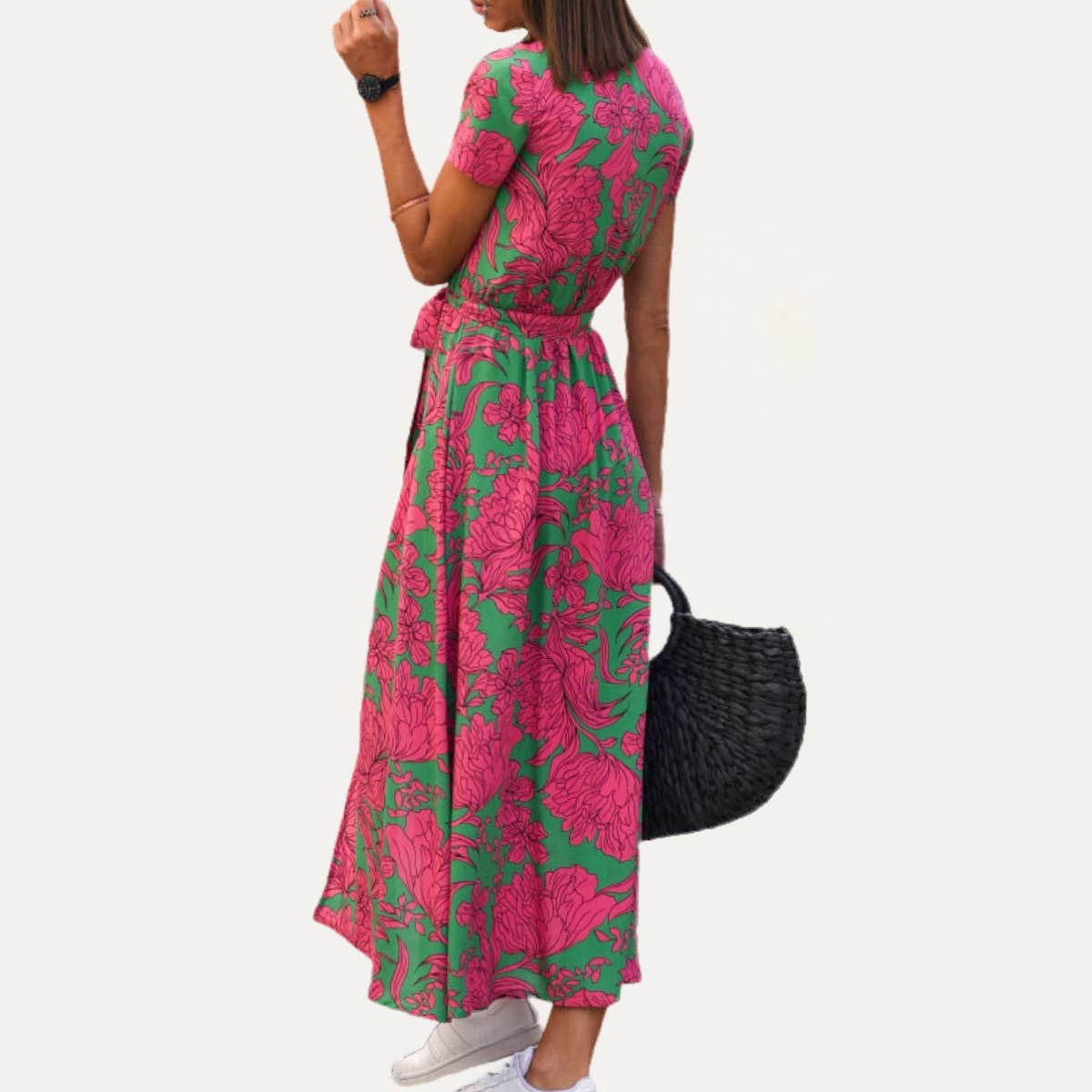 Final Sale - Classic Floral Print V Neck Short Sleeves Midi Dress