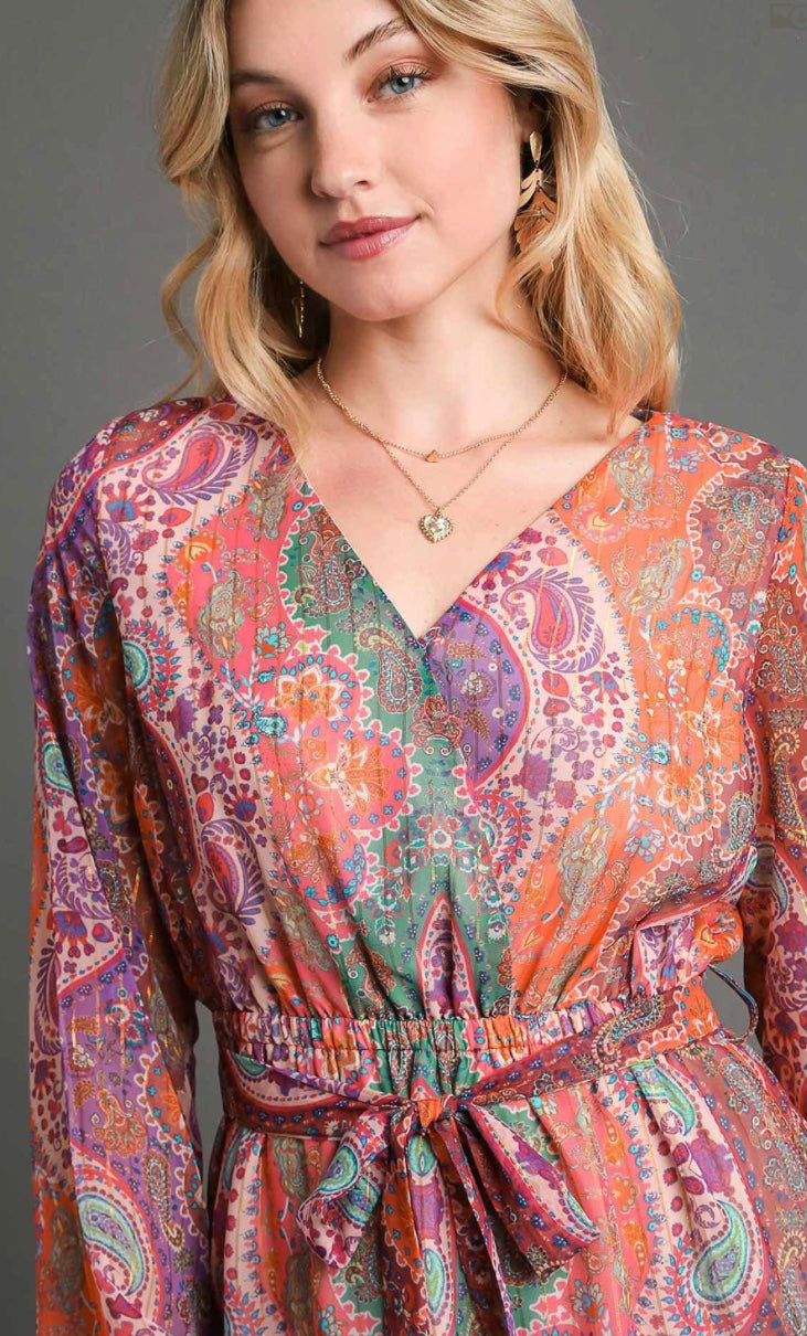 Final Sale - Metallic Paisley V-Neck Belted Dress