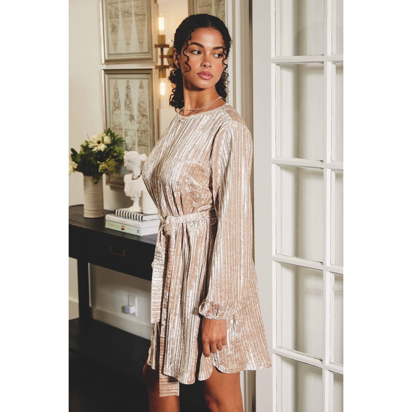 Final Sale - Velvet High Scoop Neck Sash Belt Dress