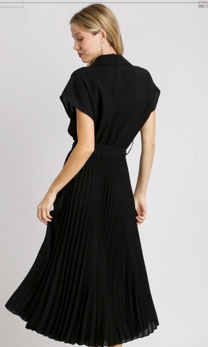 Final Sale - Collared V-Neck Pleated Midi Dress