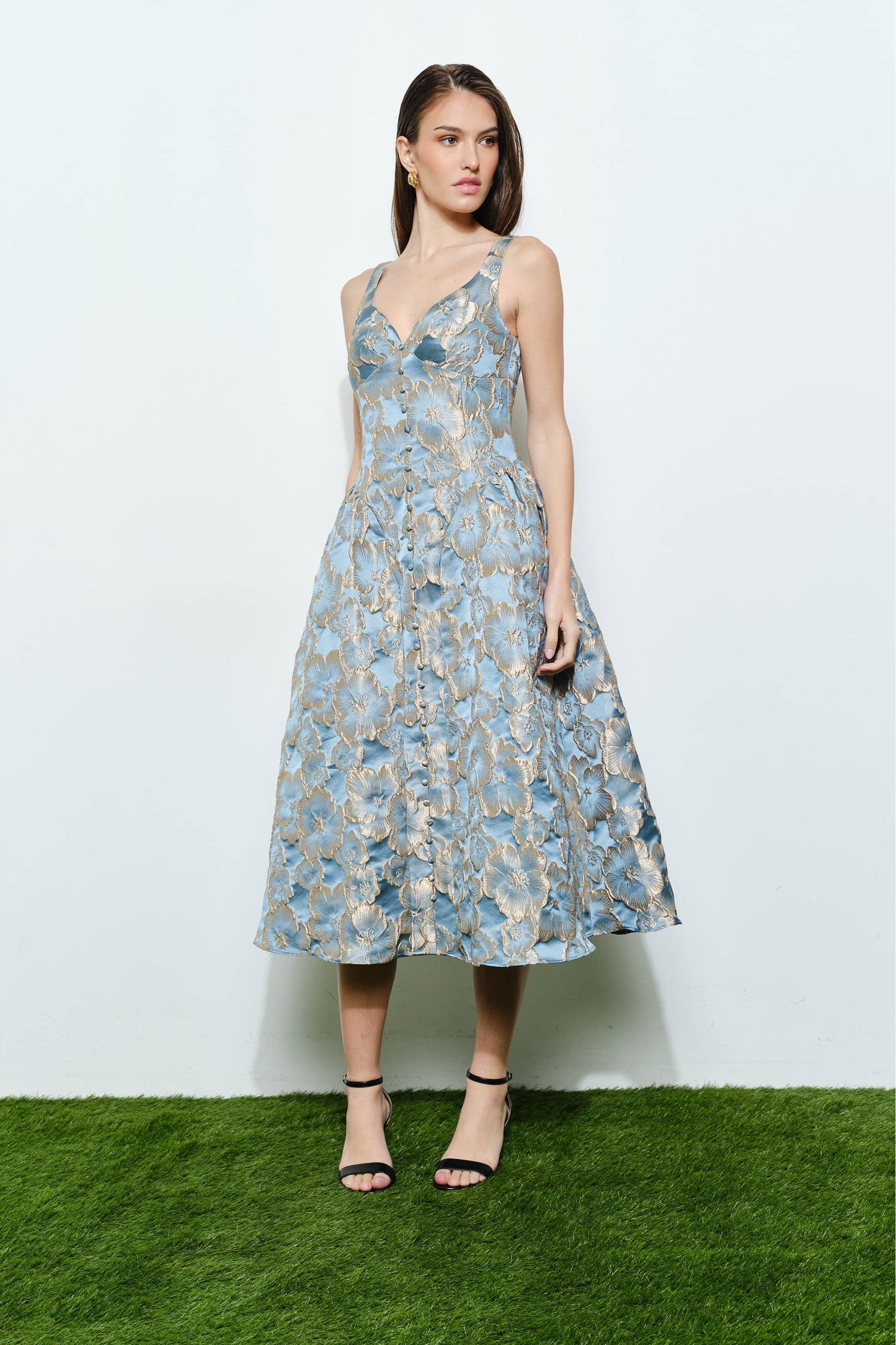 Romantic Jacquard Sweetheart Sleeveless Midi Dress