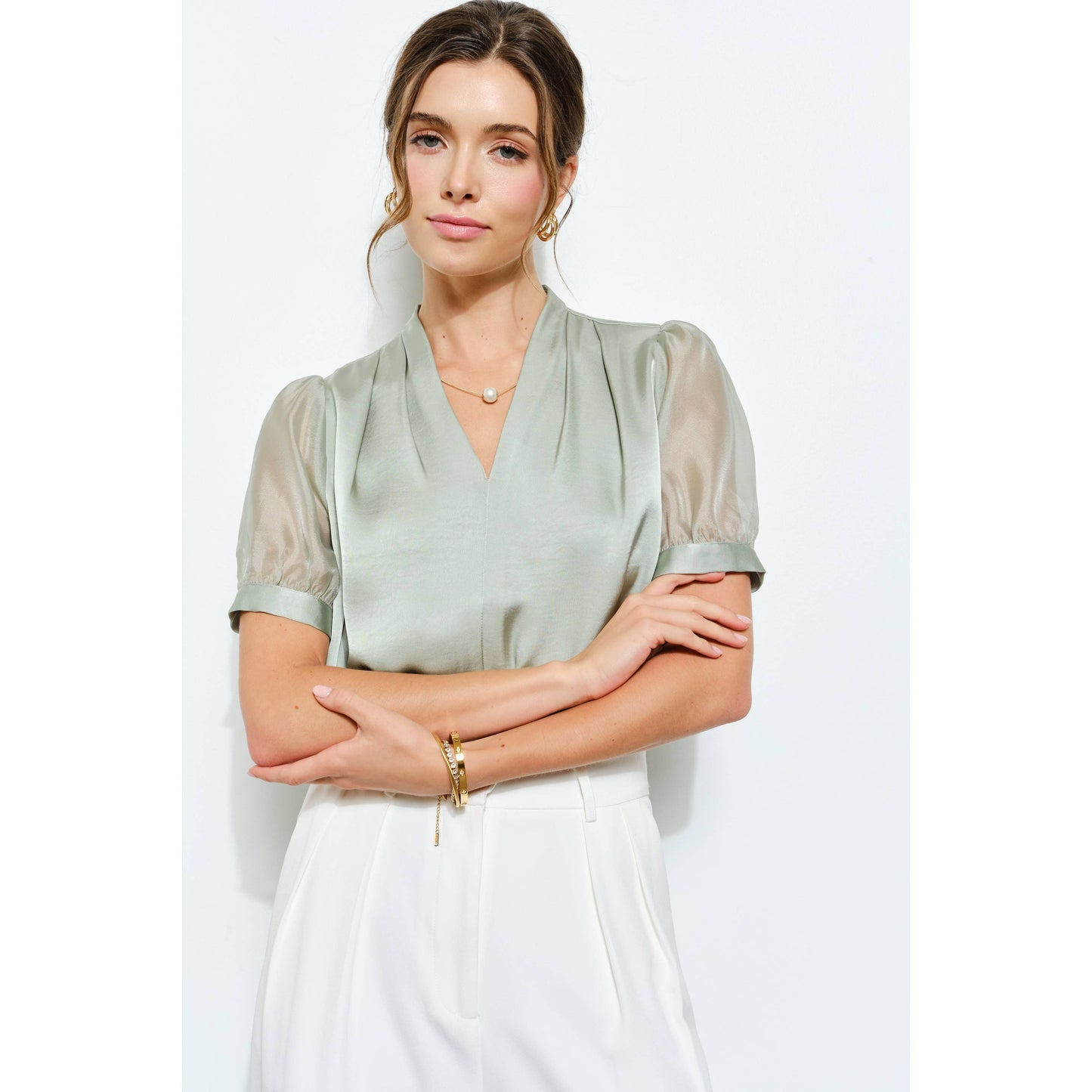 Sheer Puff Sleeve Satin V-Neck Blouse