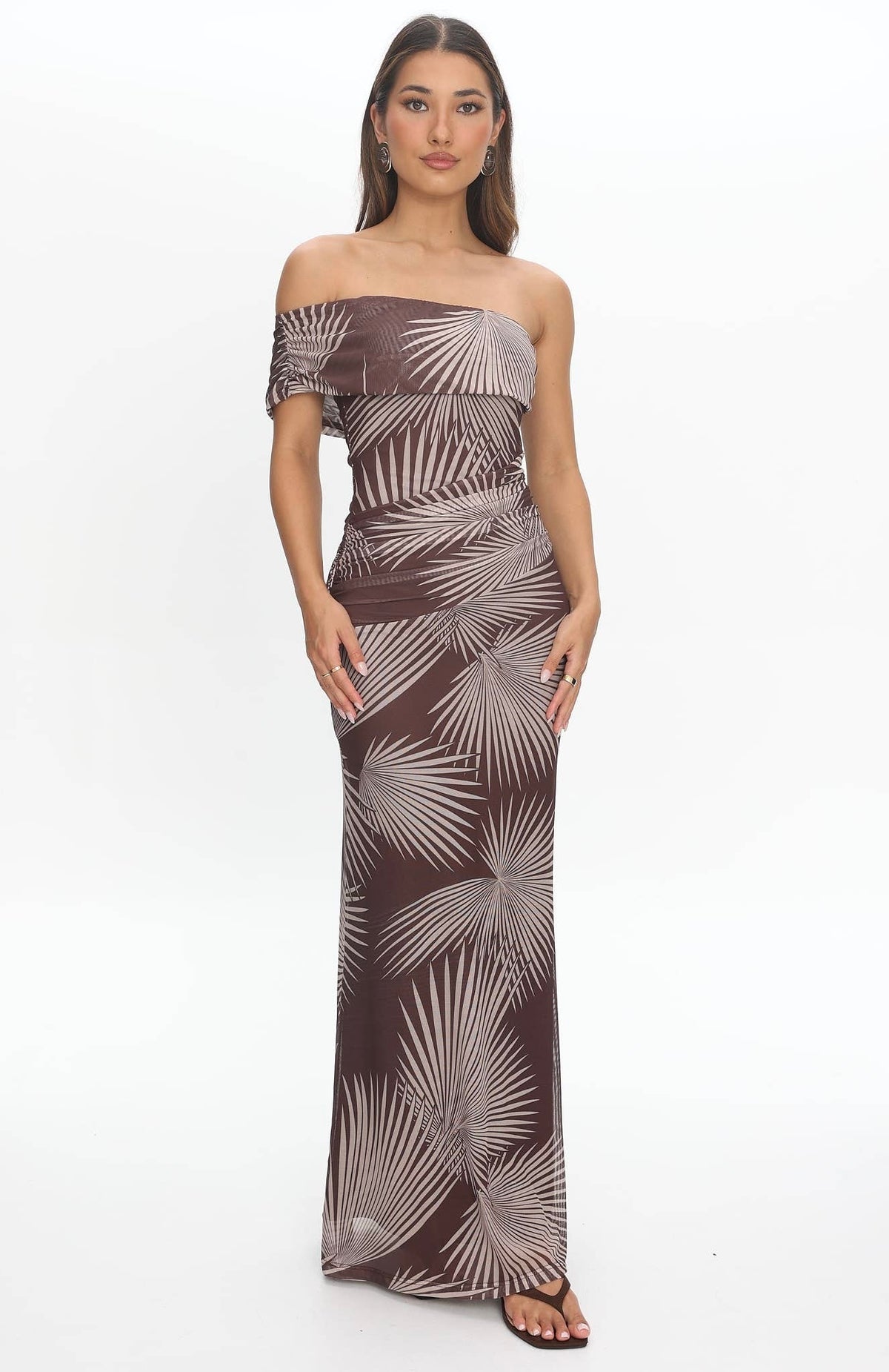 Asymmetric Off The Shoulder Palm Maxi Dress