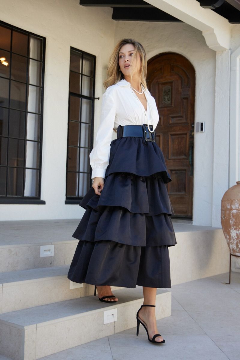 Final Sale - Deep V-Neck Tiered MIDI Dress With Accent Belt