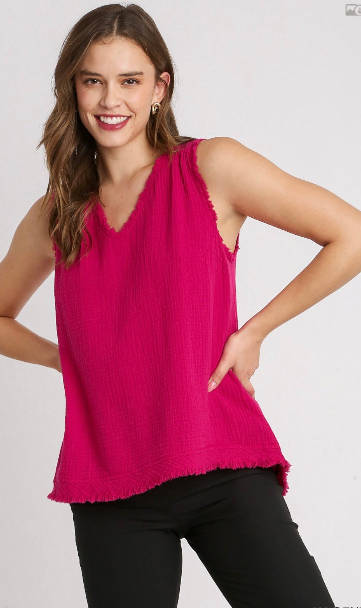 Final Sale - Cotton Gauze Sleeveless, V-Neck High Low Hem Top with Fray Details