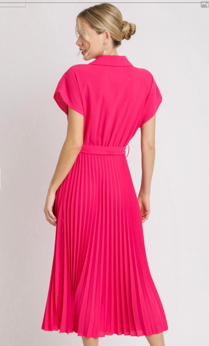 Final Sale - Collared V-Neck Pleated Midi Dress
