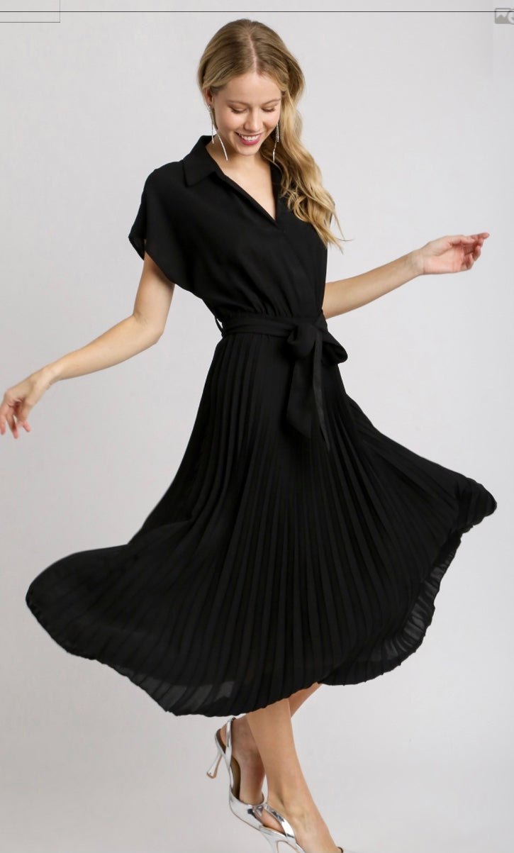 Final Sale - Collared V-Neck Pleated Midi Dress