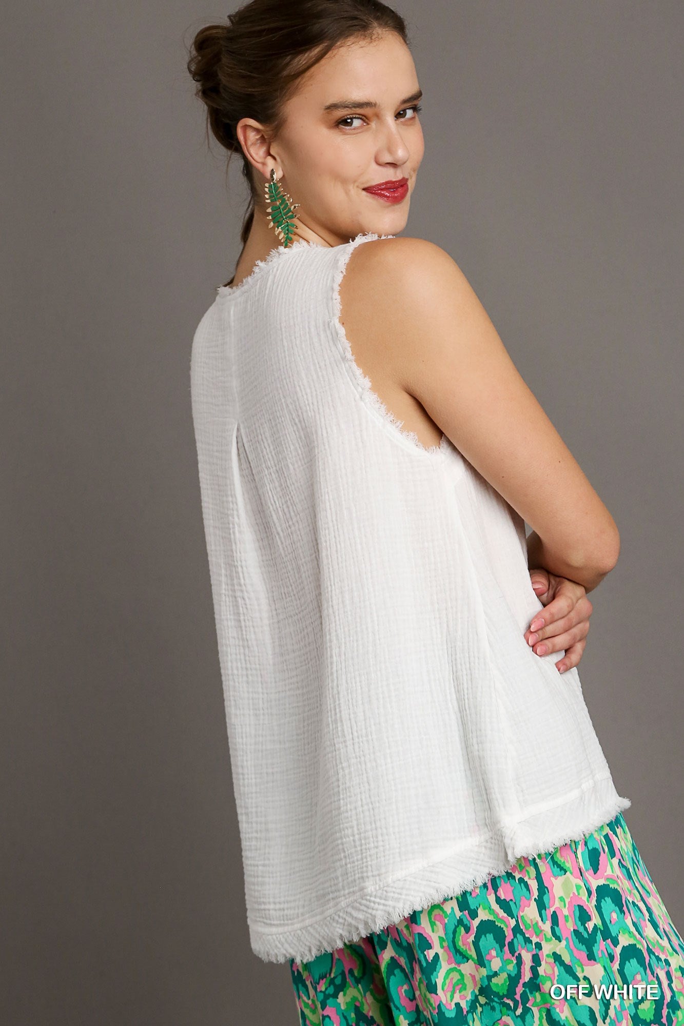 Final Sale - Cotton Gauze Sleeveless, V-Neck High Low Hem Top with Fray Details