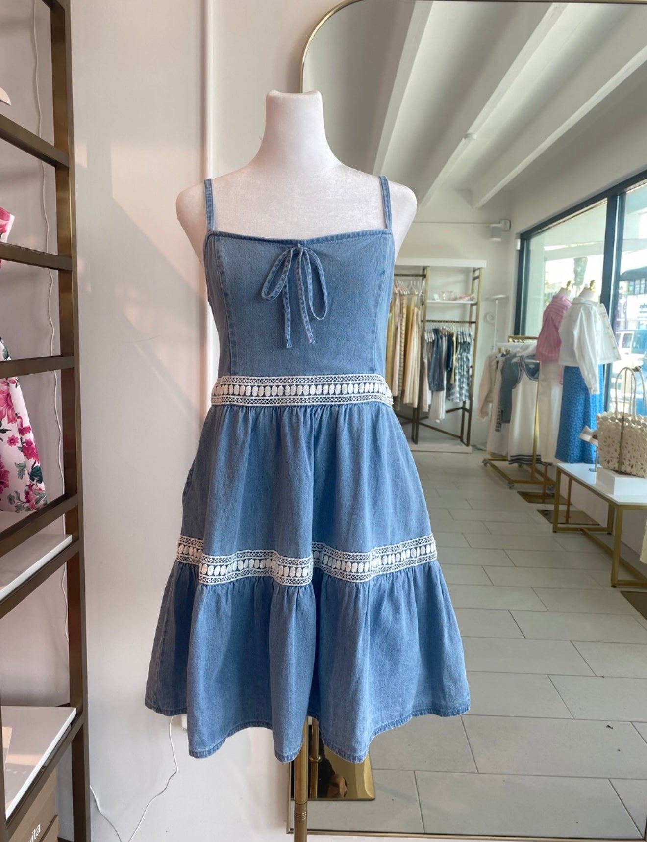 Sleeveless Lace Inserted Fit & Flare Denim Dress