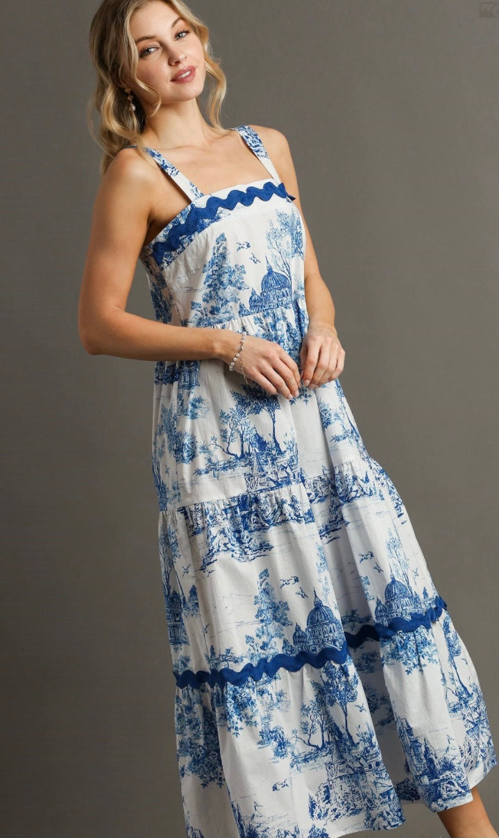 Final Sale - Two Tone Landscape Print Tiered Dress