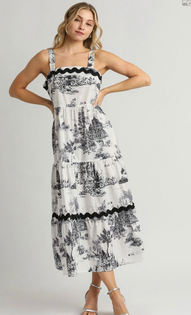 Final Sale - Two Tone Landscape Print Tiered Dress