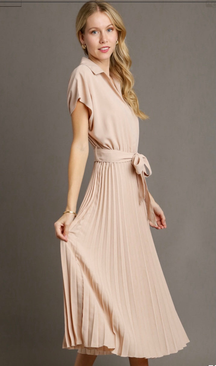 Final Sale - Collared V-Neck Pleated Midi Dress