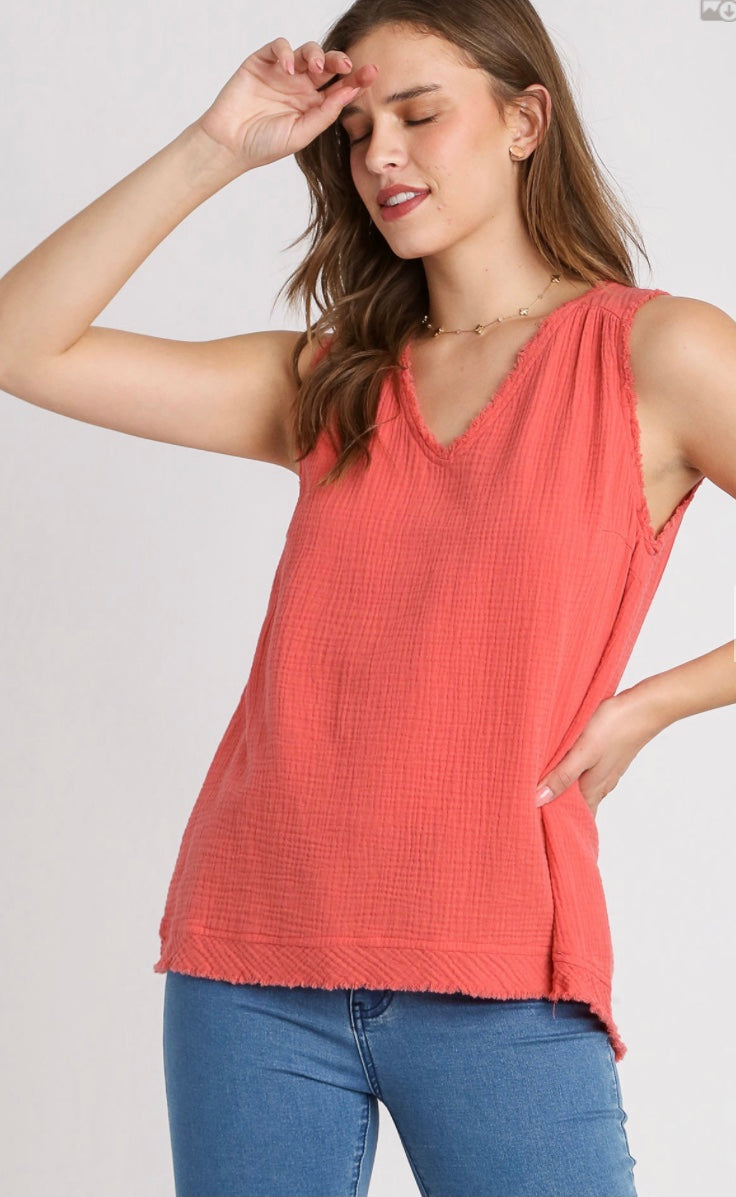 Final Sale - Cotton Gauze Sleeveless, V-Neck High Low Hem Top with Fray Details