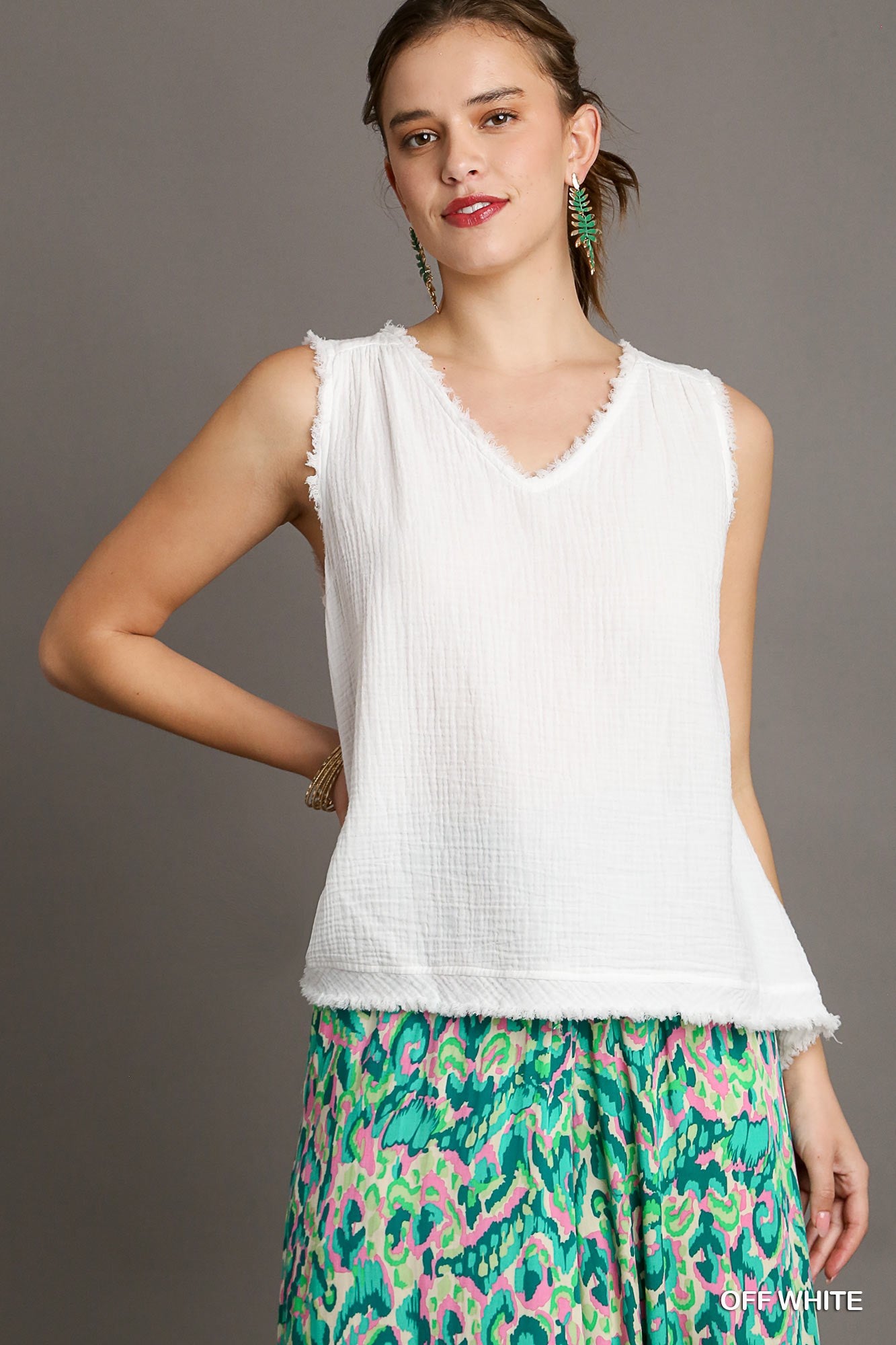 Final Sale - Cotton Gauze Sleeveless, V-Neck High Low Hem Top with Fray Details