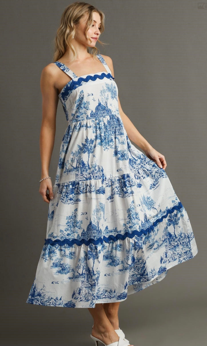 Final Sale - Two Tone Landscape Print Tiered Dress