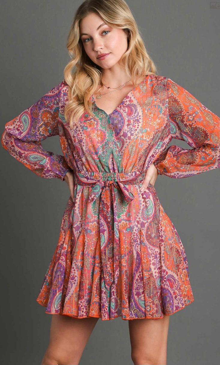 Final Sale - Metallic Paisley V-Neck Belted Dress