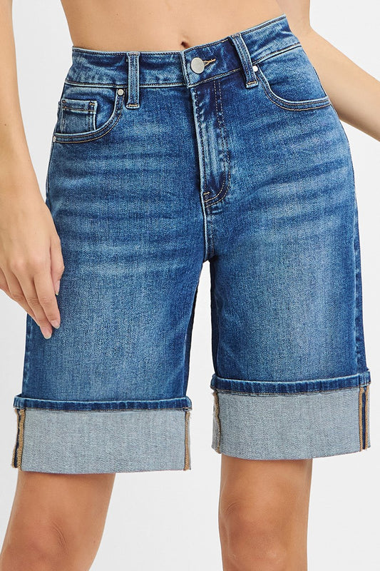 High Rise Mid Length Cuffed Shorts 10” Inseam