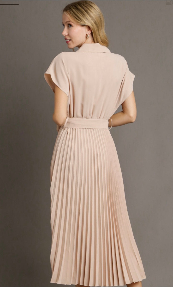 Final Sale - Collared V-Neck Pleated Midi Dress