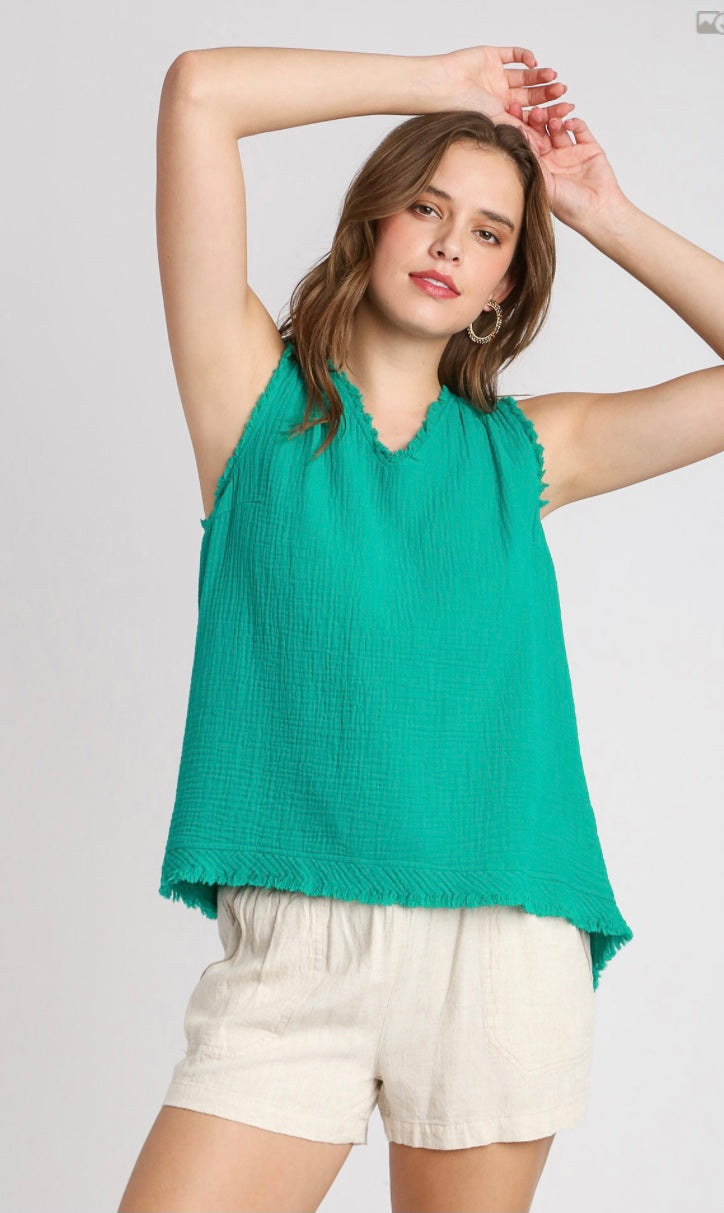 Final Sale - Cotton Gauze Sleeveless, V-Neck High Low Hem Top with Fray Details