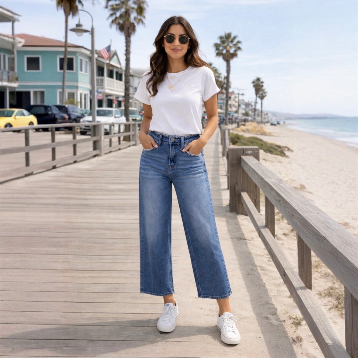 High Rise Crop Wide Jeans With Embroidered Details