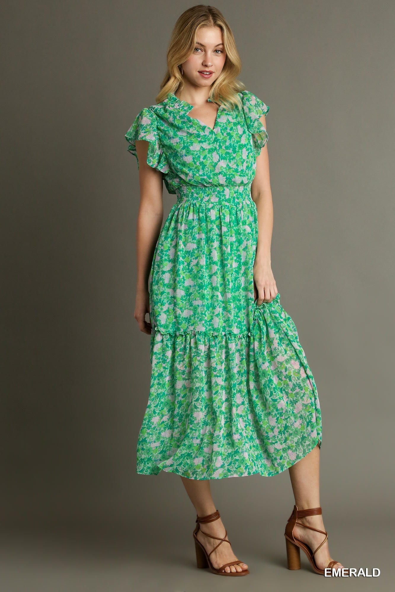 Final Sale - Floral Print Split Neck Ruffle Maxi Dress