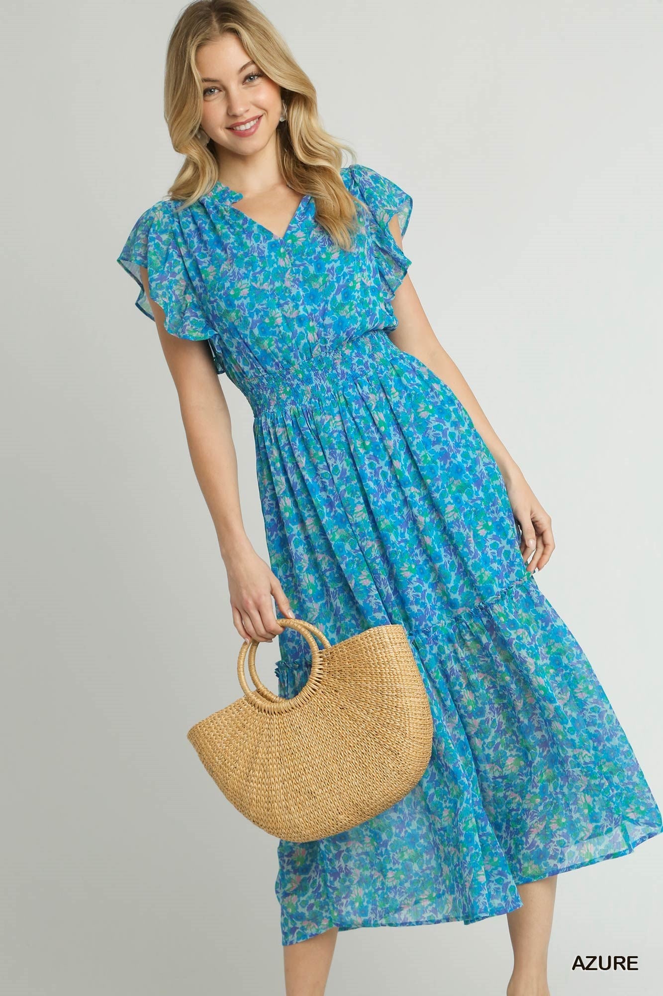 Final Sale - Floral Print Split Neck Ruffle Maxi Dress