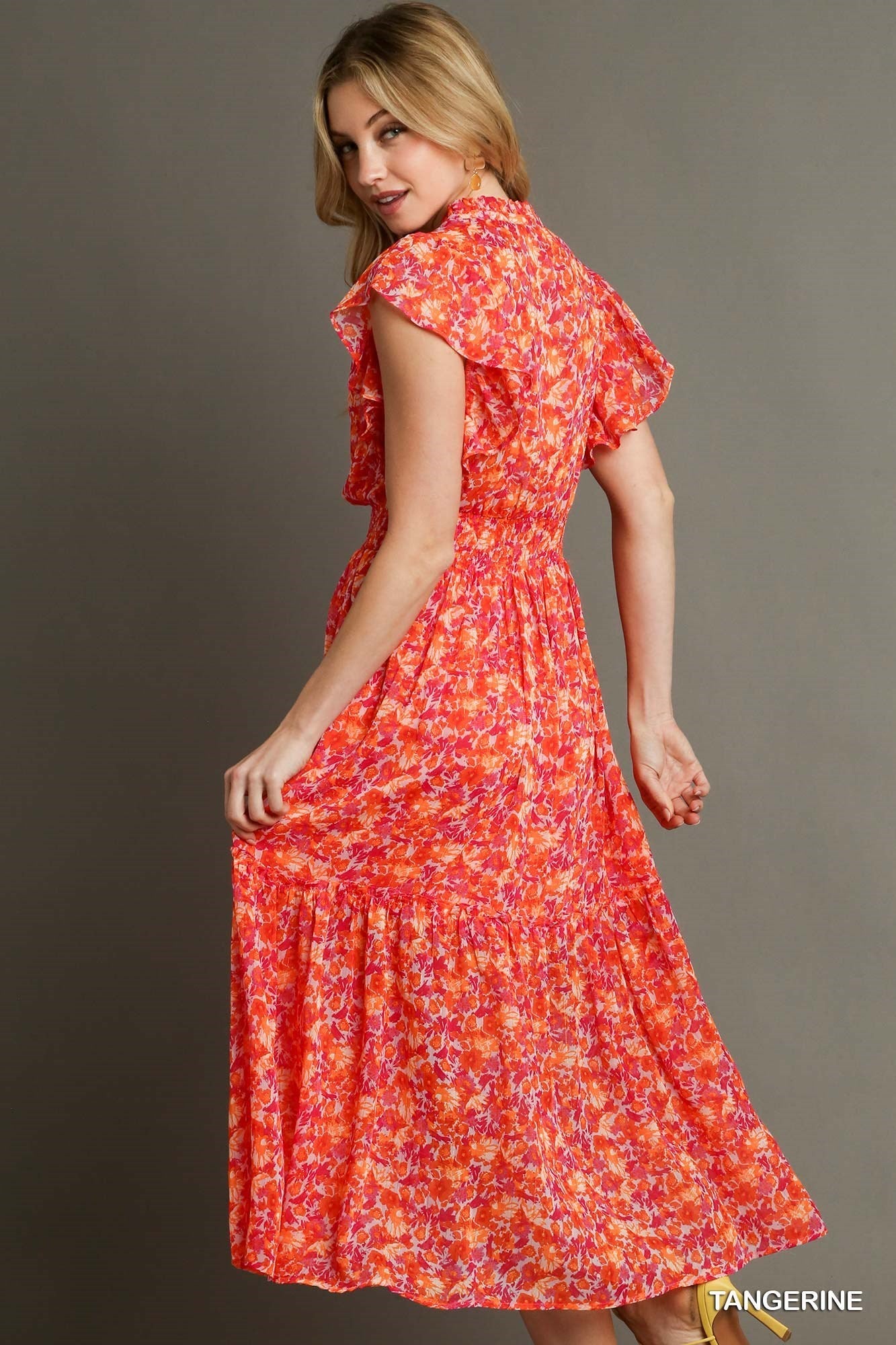 Final Sale - Floral Print Split Neck Ruffle Maxi Dress