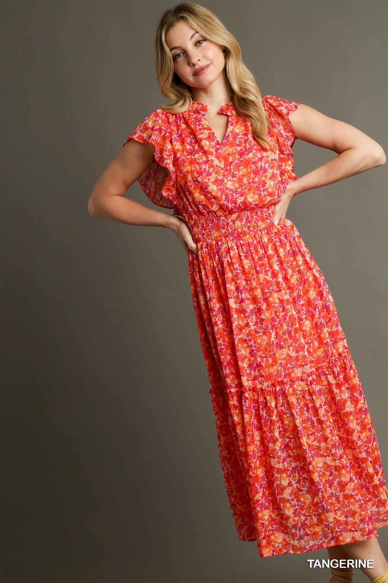 Final Sale - Floral Print Split Neck Ruffle Maxi Dress