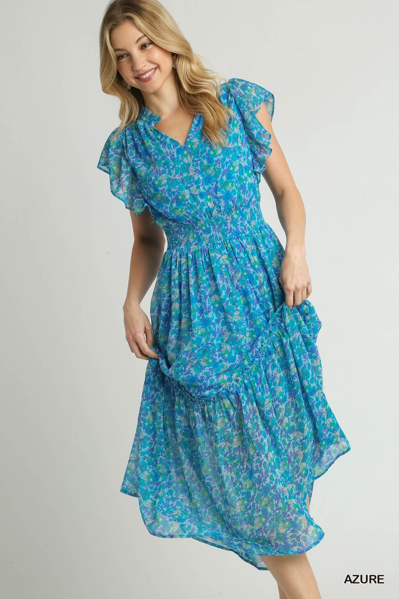 Final Sale - Floral Print Split Neck Ruffle Maxi Dress