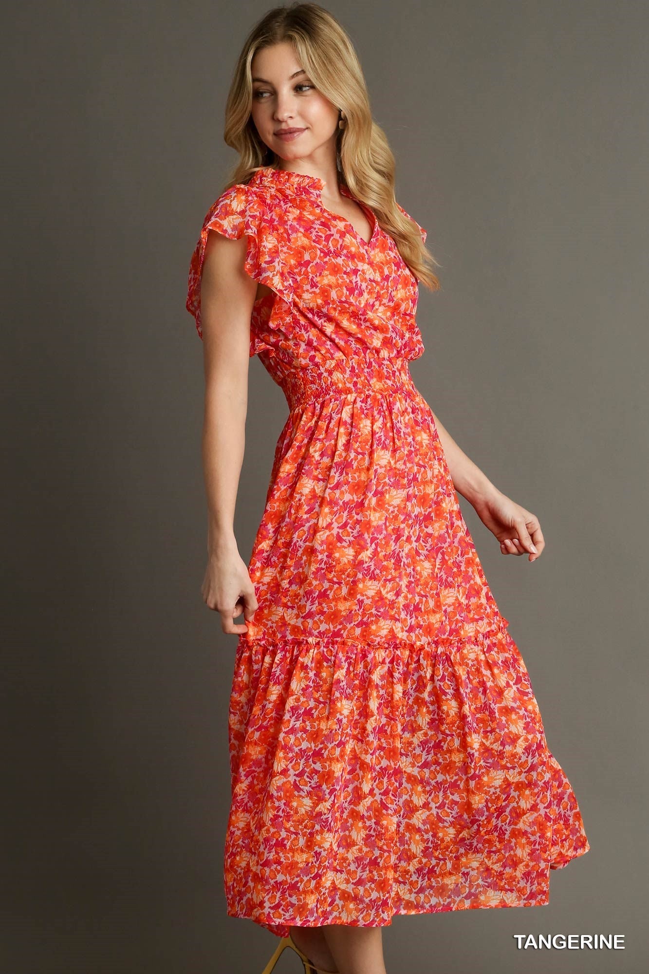 Final Sale - Floral Print Split Neck Ruffle Maxi Dress
