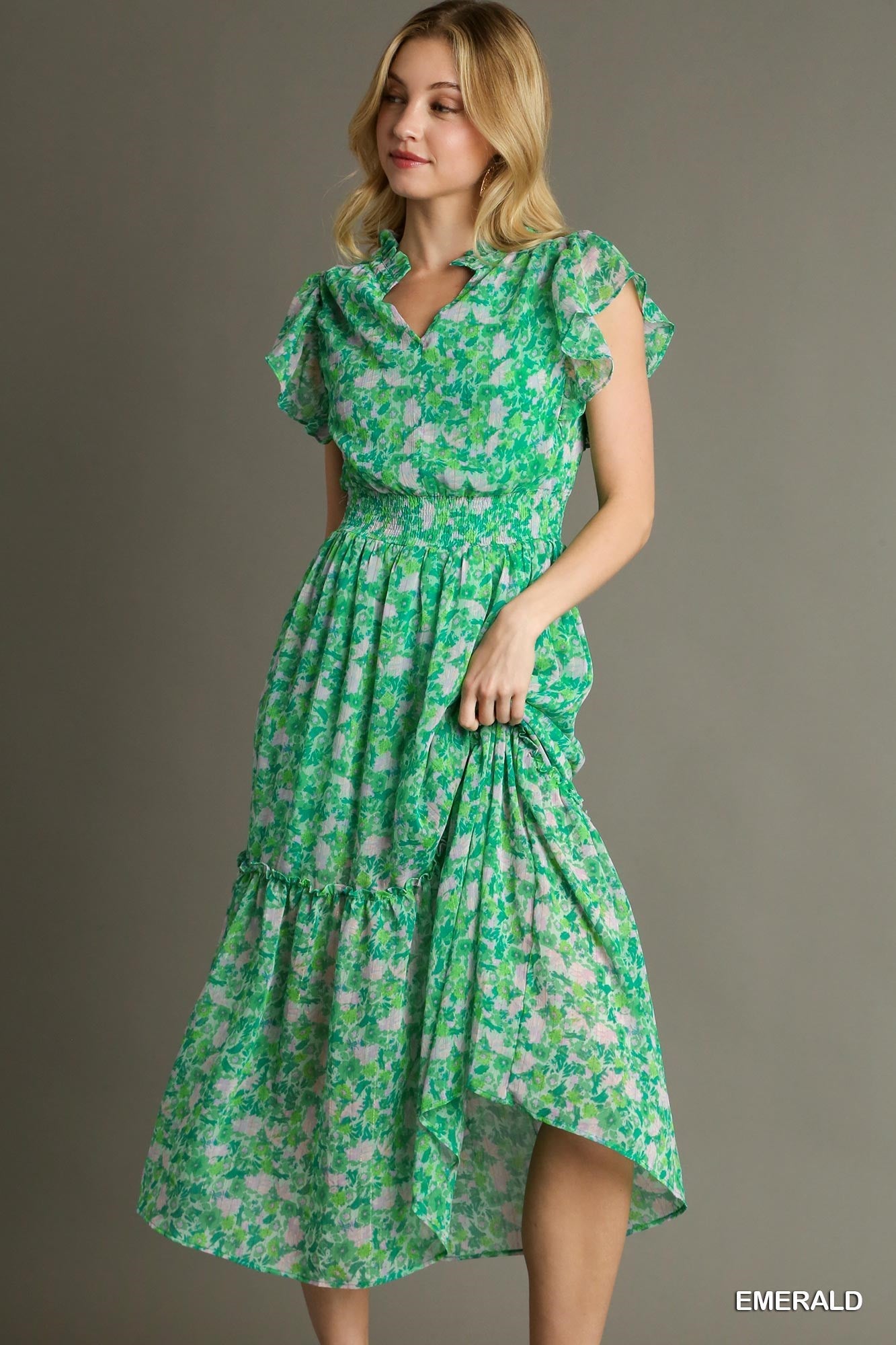 Final Sale - Floral Print Split Neck Ruffle Maxi Dress