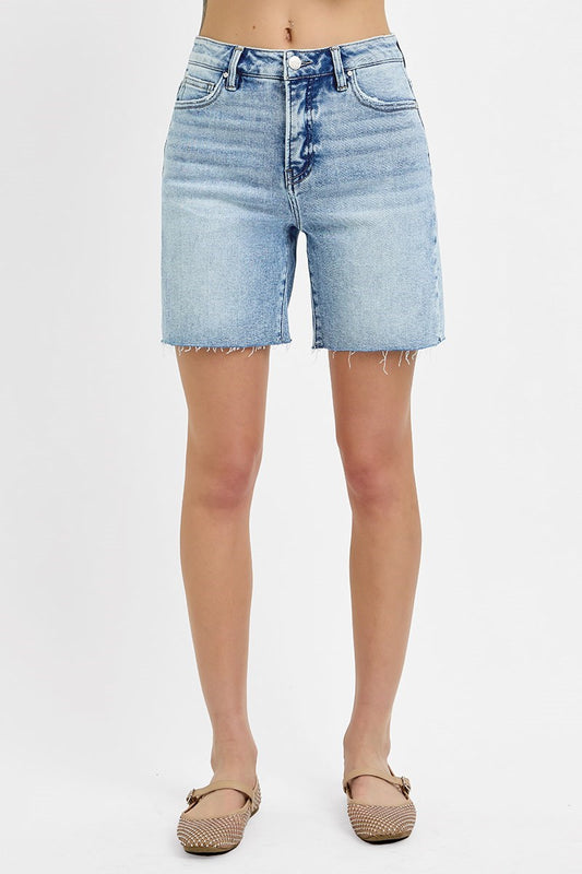 Tummy Control High Rise Mid Length Raw Cut Hem Shorts
