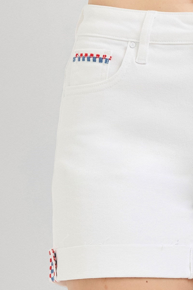 Tummy Control High Rise Cuffed Shorts With Embroidered Details