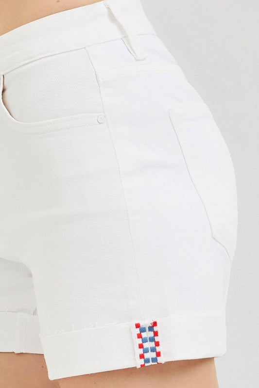 Tummy Control High Rise Cuffed Shorts With Embroidered Details