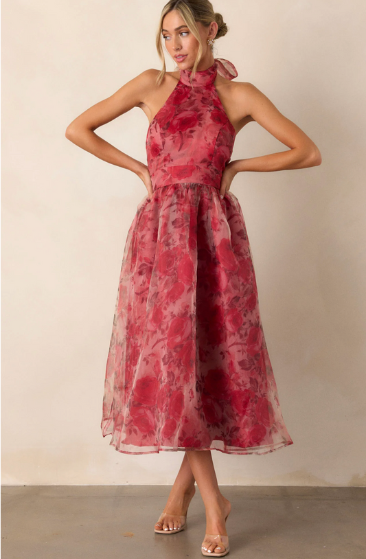 Charming Red Floral Organza Halter Midi Dress