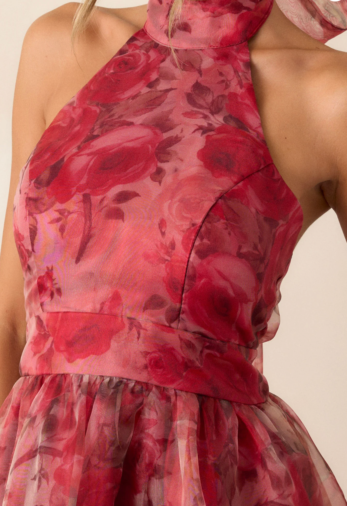 Charming Red Floral Organza Halter Midi Dress