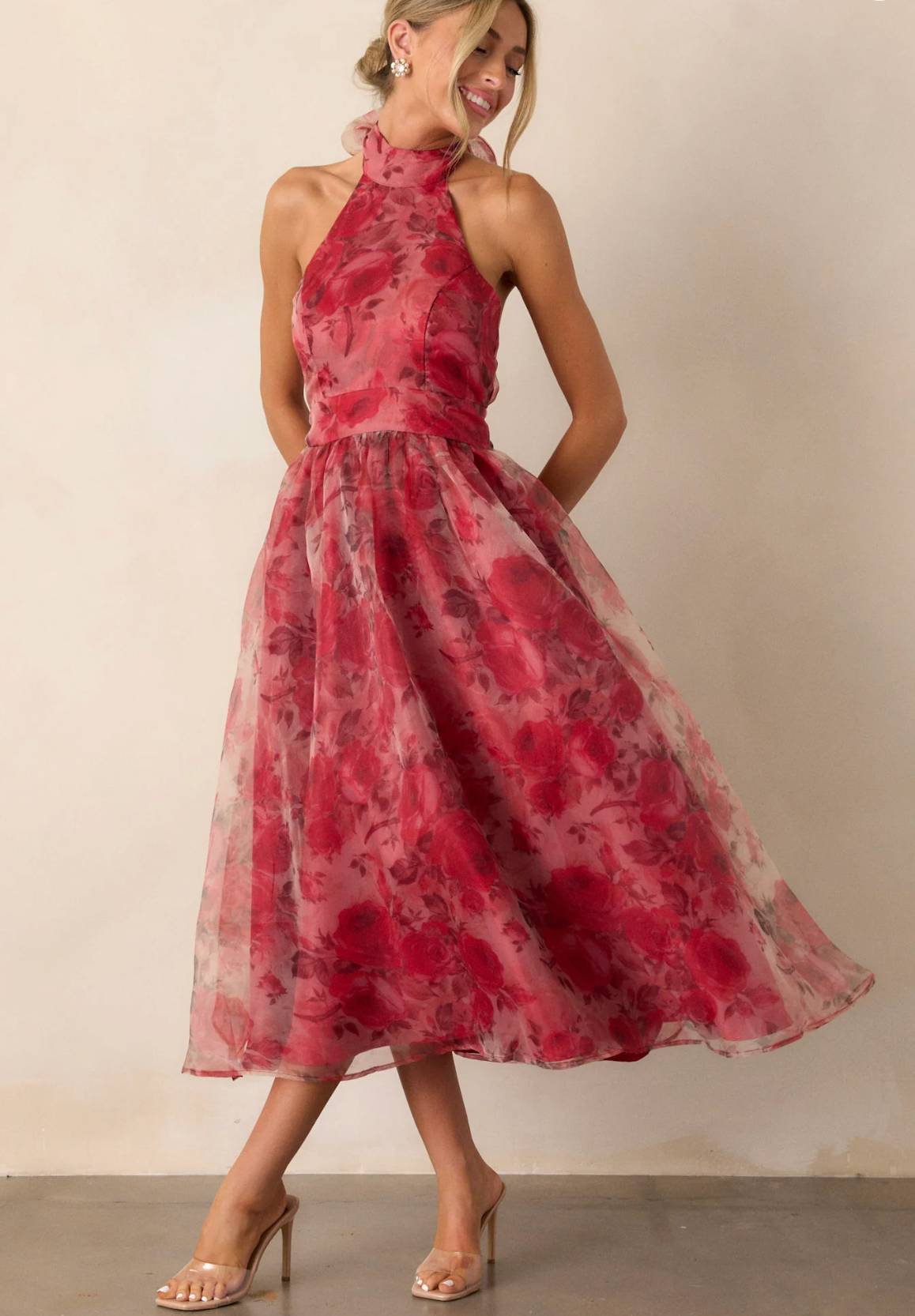 Charming Red Floral Organza Halter Midi Dress